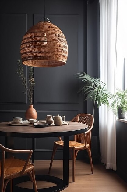 Een eetkamer met een houten tafel en stoelen en een grote hanglamp.