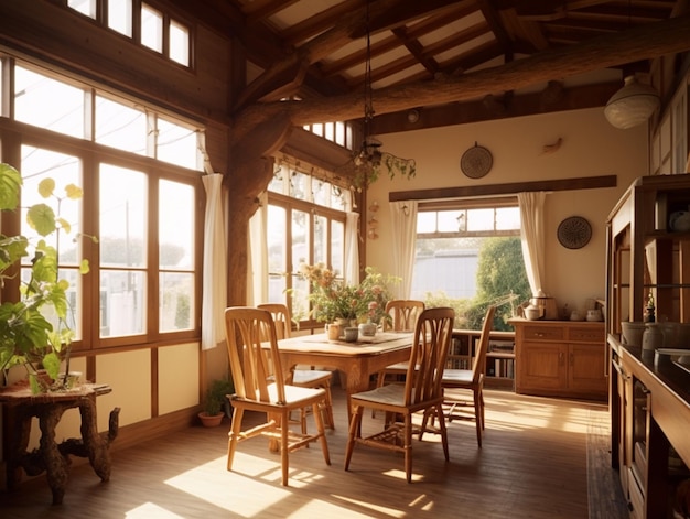 Een eetkamer met een tafel en stoelen en een raam waar de zon doorheen schijnt.