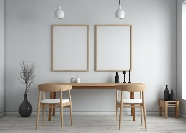 Een eetkamer met twee lijsten aan de muur en twee stoelen.