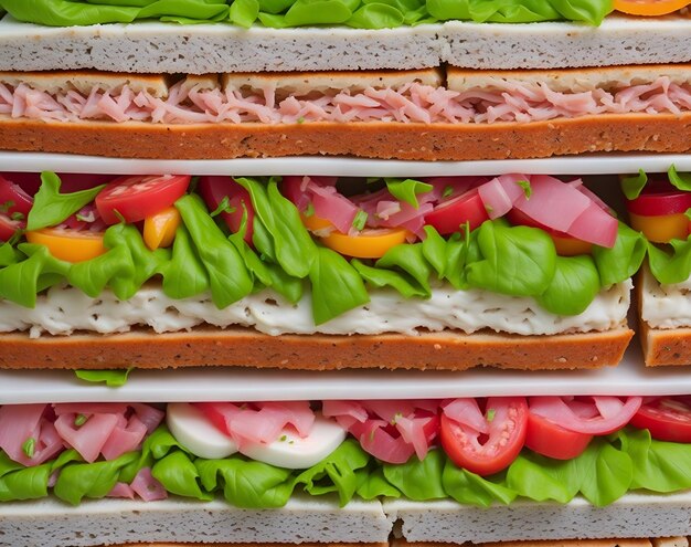 Foto een eetlustopwekkende close-up deze traditionele sandwich is een culinair meesterwerk met zijn verse ingrediënten, intense smaken en onberispelijke presentatie een genot voor fijnproevers gegenereerd door ai