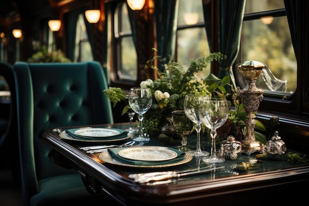 Een eettafel eetkamerset en fluwelen stoelen in trein in de stijl van luxe licht van een lamp Generative AI