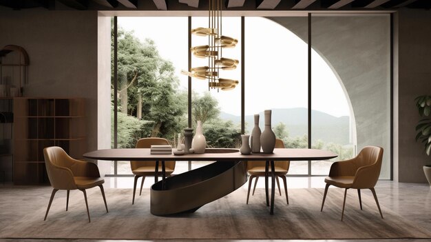 een eettafel met stoelen en een groot raam met uitzicht op bergen.