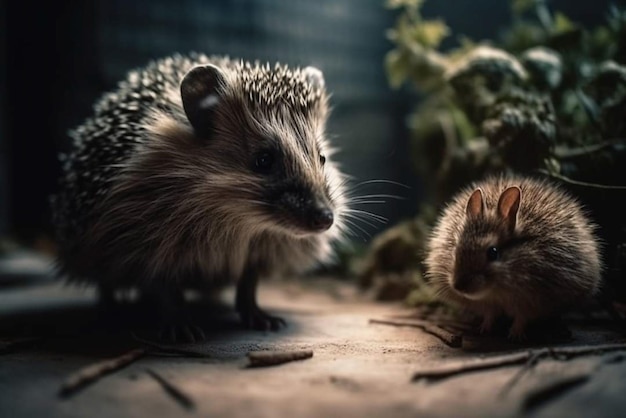 Een egel en een babyegel zitten op een houten ondergrond.