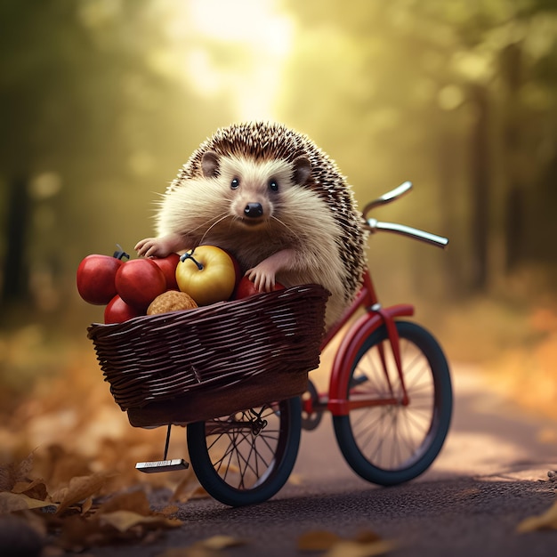 Een egel fietst met een mand vol appels.