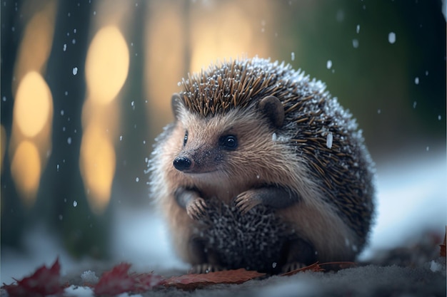 Een egel zit in de sneeuw in de sneeuw.