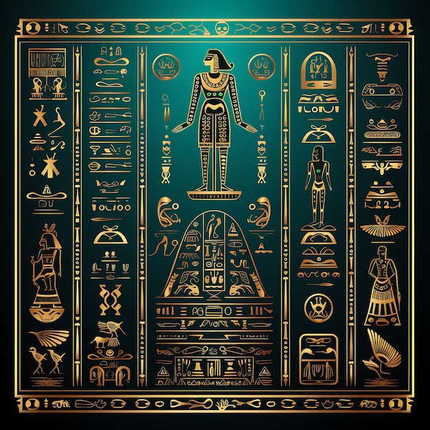 Een Egyptisch raamontwerp Hiërogliefen en Sfinx Goud en Turq 2D Clipart Tshirt Overlay Concept