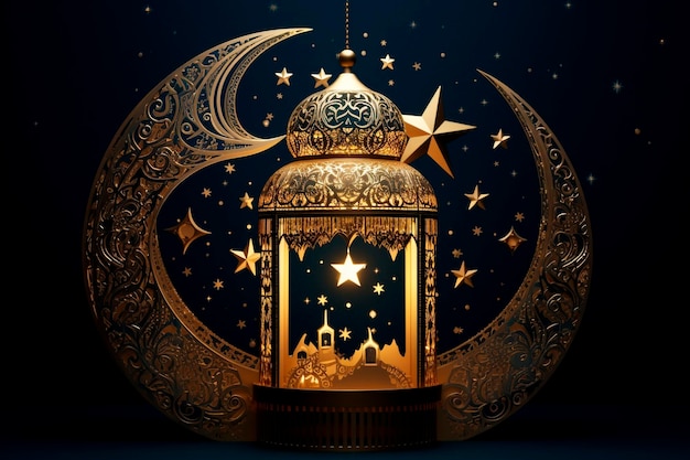 Een Eid al Adha-illustratie met ster en maansikkelnacht en verlichte lantaarn met wolken