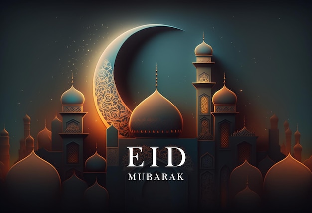 Een eid mubarak-poster met een maan en een moskee op de achtergrond.