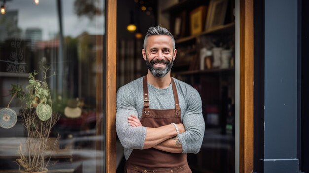 Een eigenaar van een klein bedrijf glimlacht bij de voordeur met zijn armen over elkaar, Generatieve Ai