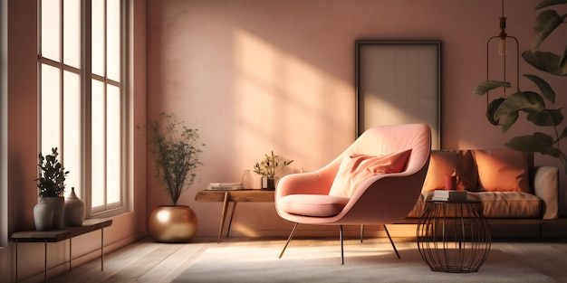 Een eigentijdse woonkamer met witte muren en een comfortabele stoel