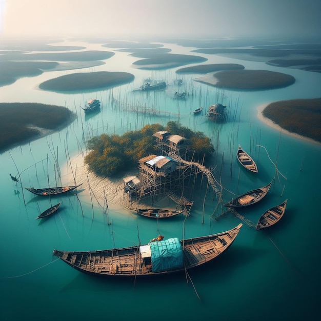 Een eiland gelegen aan de zuidelijke grens van de Sundarbans is een vissersboot bij Dublar Cha