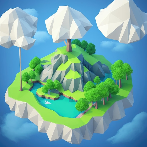 Een eiland in lage polystijl met bomen en een meer in het midden.