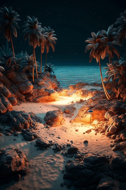 Een eiland landschap van het strand kampvuur op een zomernacht voelen de vreedzame golven en sterren