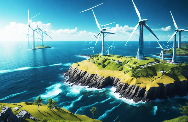 Foto een eilandlandschap met windturbines met groene velden