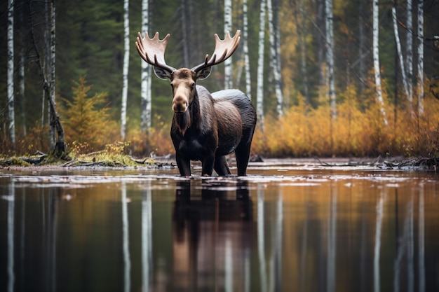 Een eland die in een rivier staat met bomen op de achtergrond