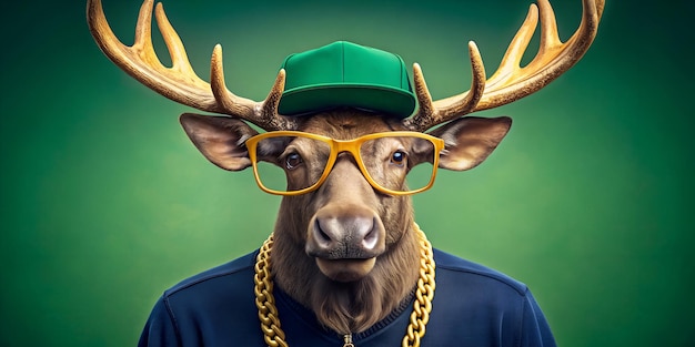 Foto een eland met een groene hoed en een bril draagt een groene hoed die zegt eland