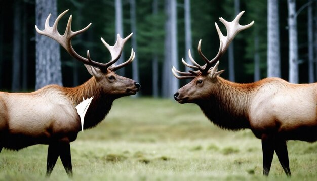 een eland met hoorns voor een bos