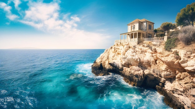 Een elegant beeld van een vorstelijke villa aan zee met verbluffende architectuur en adembenemend uitzicht op de oceaan voor een weelderige zomerervaring