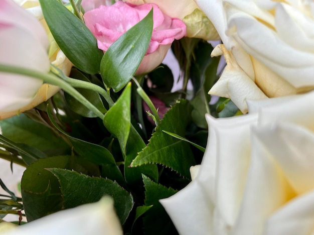 Een elegant boeket van kleurrijke rozen en groene decoratieve bladeren