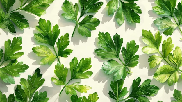 Foto een elegant botanisch naadloos patroon van groene peterselie bladeren getekend op een witte achtergrond achtergrond met een aromatisch kruid gekweekt voor culinaire doeleinden natuurlijke gekleurde moderne illustratie