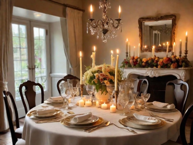 Een elegant ingerichte eettafel met een lege stoel versierd met kaarsen bloemen en fijn servies De achtergrond straalt een gezellige en intieme sfeer uit