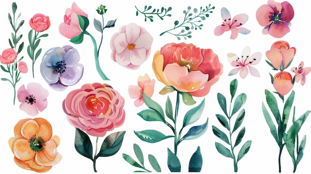 Een elegante aquarel set van bloemen