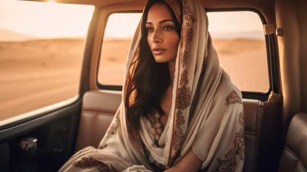 Een elegante Arabische vrouw poseert tegen de achtergrond van de woestijn van de Verenigde Arabische Emiraten en toont de schoonheid van de Arabische cultuur en het natuurlijke landschap dat door AI wordt gegenereerd