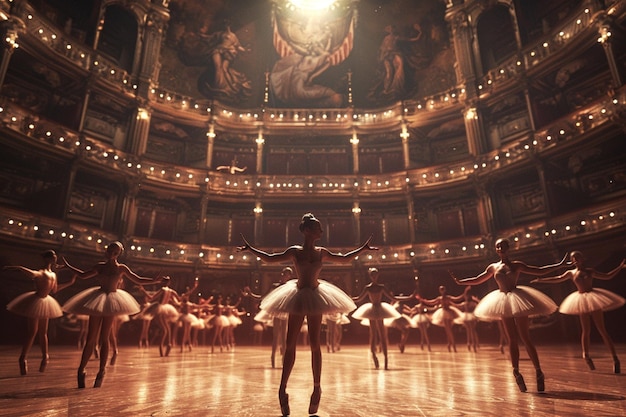 Een elegante balletvoorstelling in een groot theater.