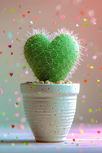 Een elegante bloeiende cactus met een hartvorm op een achtergrond van kleurrijke kleine Valentijnshartjes A