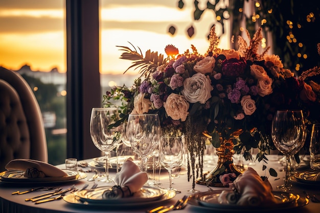 Een elegante bruiloftstafel met bloemendecoraties wordt bij zonsondergang in een restaurant neergezet