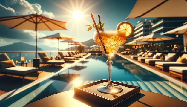 een elegante cocktail op een tafel in een tuinsituatie die een serene zomernacht bij het zwembad toont