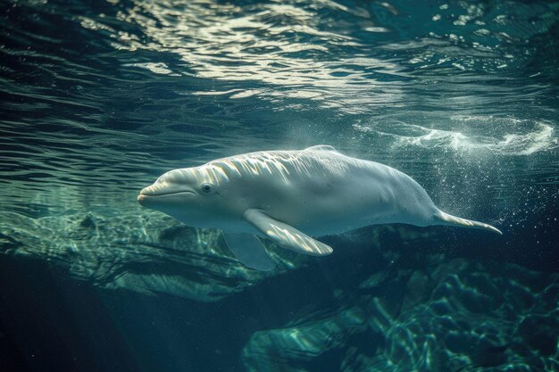 Een elegante en speelse Beluga-walvis glijdt sierlijk door het water