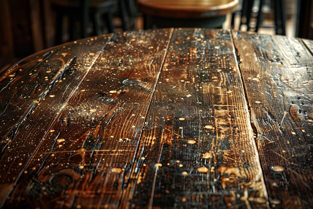 Een elegante houten tafel met regendruppels en licht