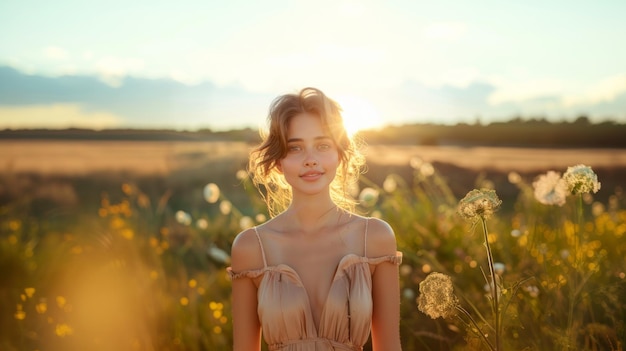 Een elegante jonge vrouw geniet van een gouden zonsondergang op het veld