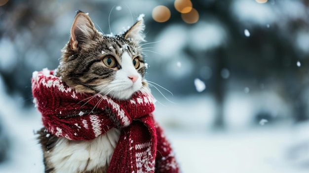 Een elegante kat siert een besneeuwd landschap met een stijlvolle sjaal