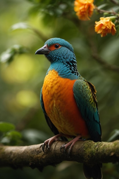 Een elegante kleurrijke vogel zit op een tak met bladeren en bloemen op de natuurlijke achtergrond