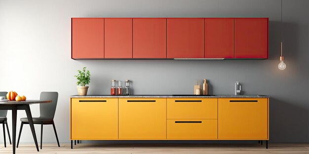 een elegante minimalistische keuken met kleurrijke kasten witte muren en houten vloer