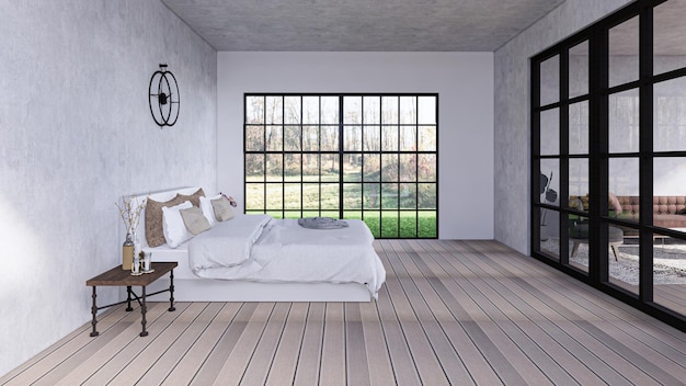 Een elegante slaapkamer met een industrieel concept en een openslaande deur met uitzicht op de binnenplaats
