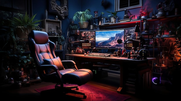 Een elegante speelzaal met een stateofheart gaming PC setup en een comfortabele gaming stoel