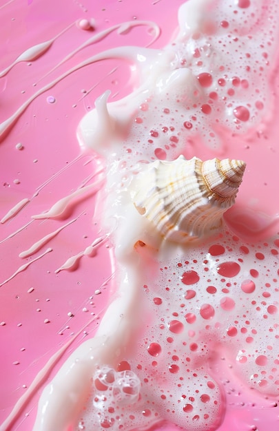 Een elegante splash van wit schuim tegen een zachte roze achtergrond vangt de essentie van zuiverheid en elegantie