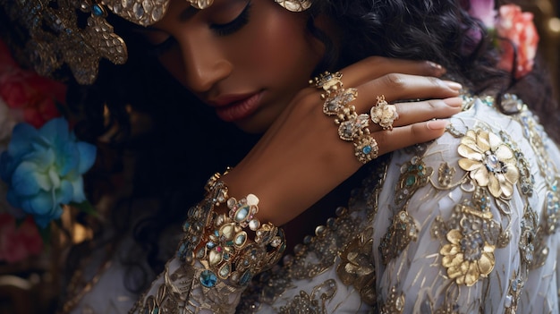 Een elegante vrouw in een witte jurk versierd met gouden sieraden