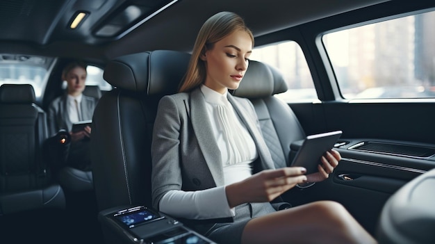 Een elegante zakenvrouw die een tabletcomputer gebruikt in een limousine of op de achterbank van een auto GENERATE AI