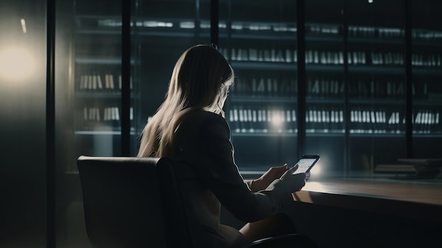 Een elegante zakenvrouw die in haar moderne kantoor op haar smartphone typt