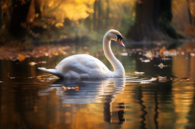 Een elegante zwaan drijft op een reflecterend meer. Met zorg en detail gemaakt Generatieve AI
