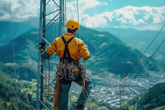 Foto een elektricien in een helm en werkkleding werkt op grote hoogte reparatie van elektriciteitslijnen in bergachtige gebieden transformatorreparatie op zijn best
