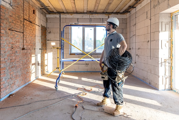 Een elektricien onderzoekt een constructietekening terwijl hij een elektrische kabel in zijn hand houdt op een werkplek.