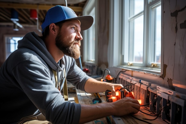 Een elektricien repareert de lichten in een onlangs gerenoveerd appartement