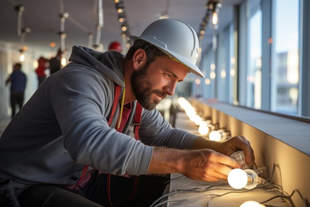 Een elektricien repareert de lichten in een onlangs gerenoveerd appartement