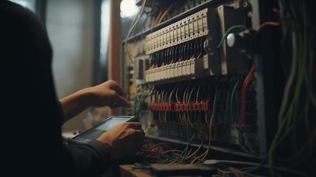 Een elektricien werkt met een elektrische kabel Generatieve AI