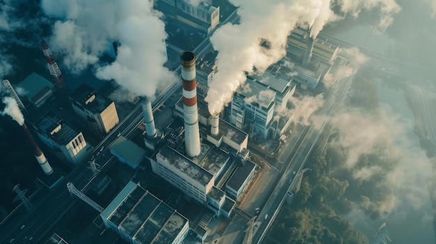 Een elektriciteitscentrale die stoom en verontreinigende stoffen in de lucht uitstoot die bijdragen aan de afbraak van de atmosfeer